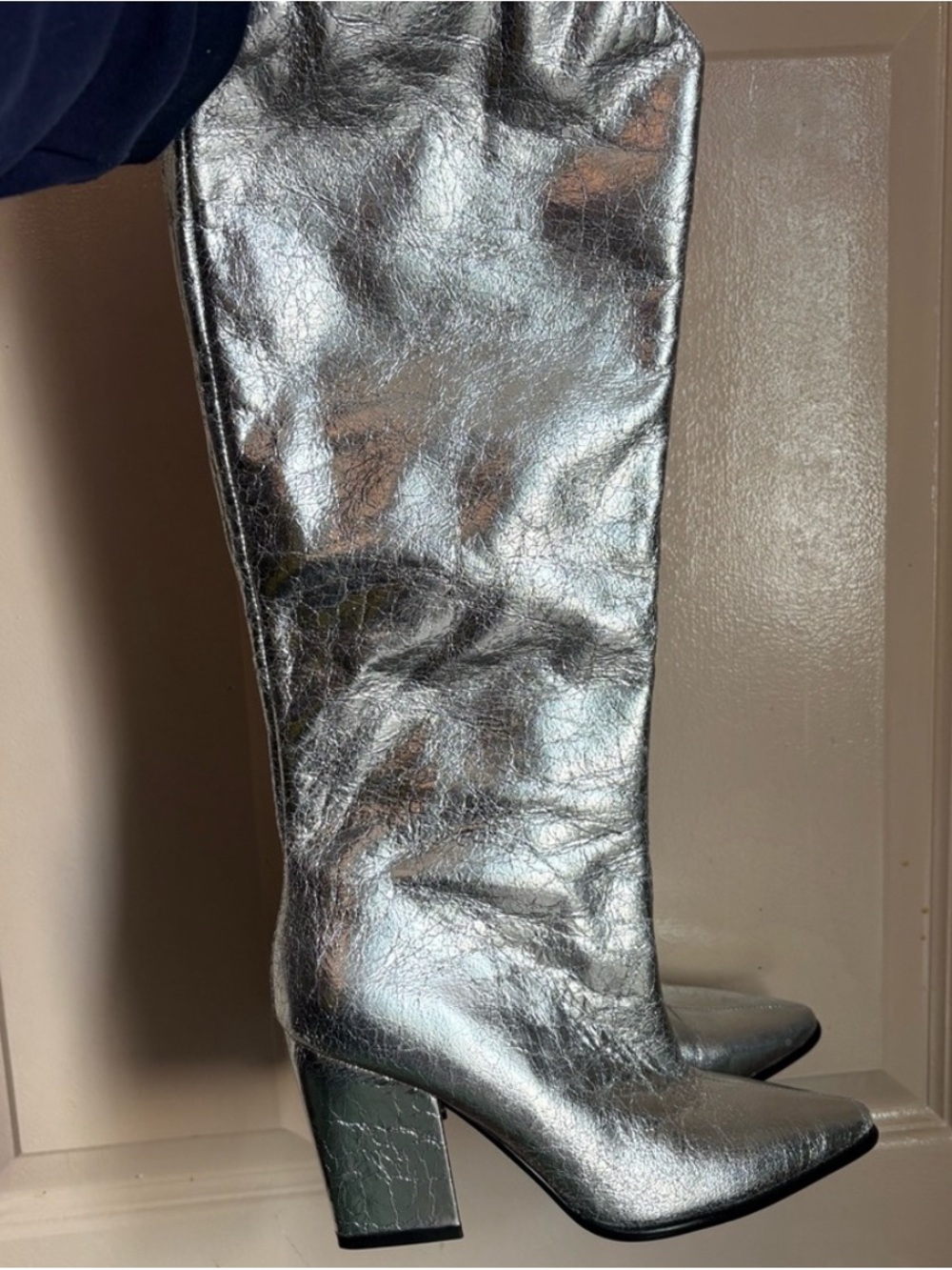 Metallic Silver Knee-High Block Heel Boots - Women Steve Madden